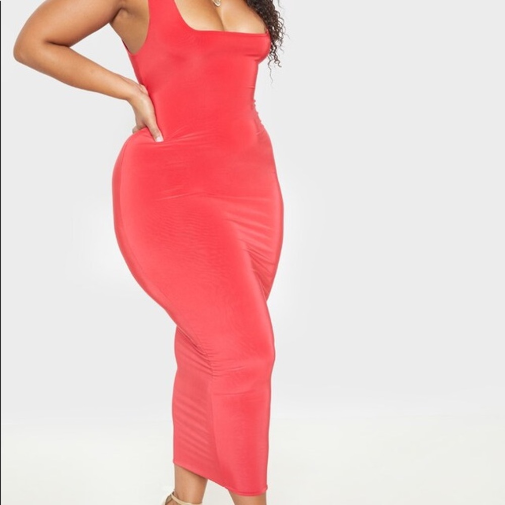 Plus Red Slinky Square Neck Midi Dress